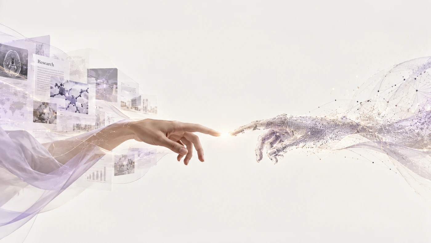 A human hand reaching toward a digital hand